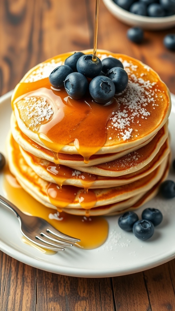 A stack of fluffy pancakes with blueberries and syrup on a rustic table.